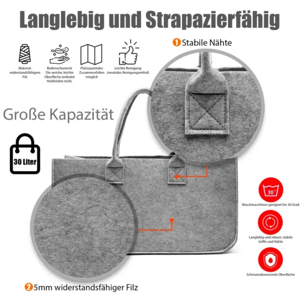Filztasche groß in Hellgrau für Kaminholz – Bild 2