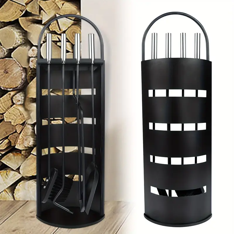 Kaminzubehör-Set in Schwarz - Modernes Edelstahl-Set mit Ständer, Besen, Zange, Schürhaken und Sichtschutz